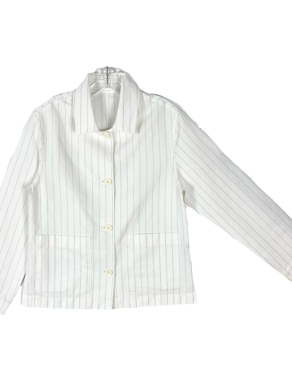 MARGARET HOWELL Jacket Women 6 White-Black ITALY Linen-Cotton Pinstripe Long-Slv